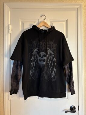 Black Skull Graphic Layered Hoodie with Tie-Dye Sleeves